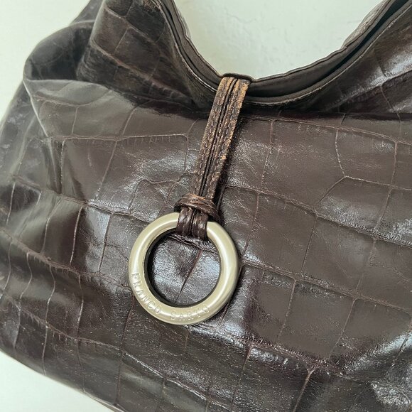 Franco Sarto Distressed Vegan Brown Glazed Embossed Croc Hobo Sholder Handbag - Picture 10 of 16